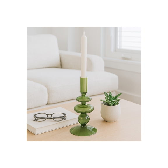 Decorative Glass Candle Holder for Taper Candles - Modern Candlestick Holder with Disc and Sphere Design for Table Decor - Pair with Gold Centerpieces for Tables and Living Room Display - 7" Green