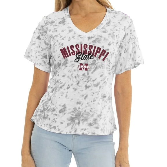 Women's White/Gray Mississippi State Bulldogs Faye Tie-Dye V-Neck T-Shirt