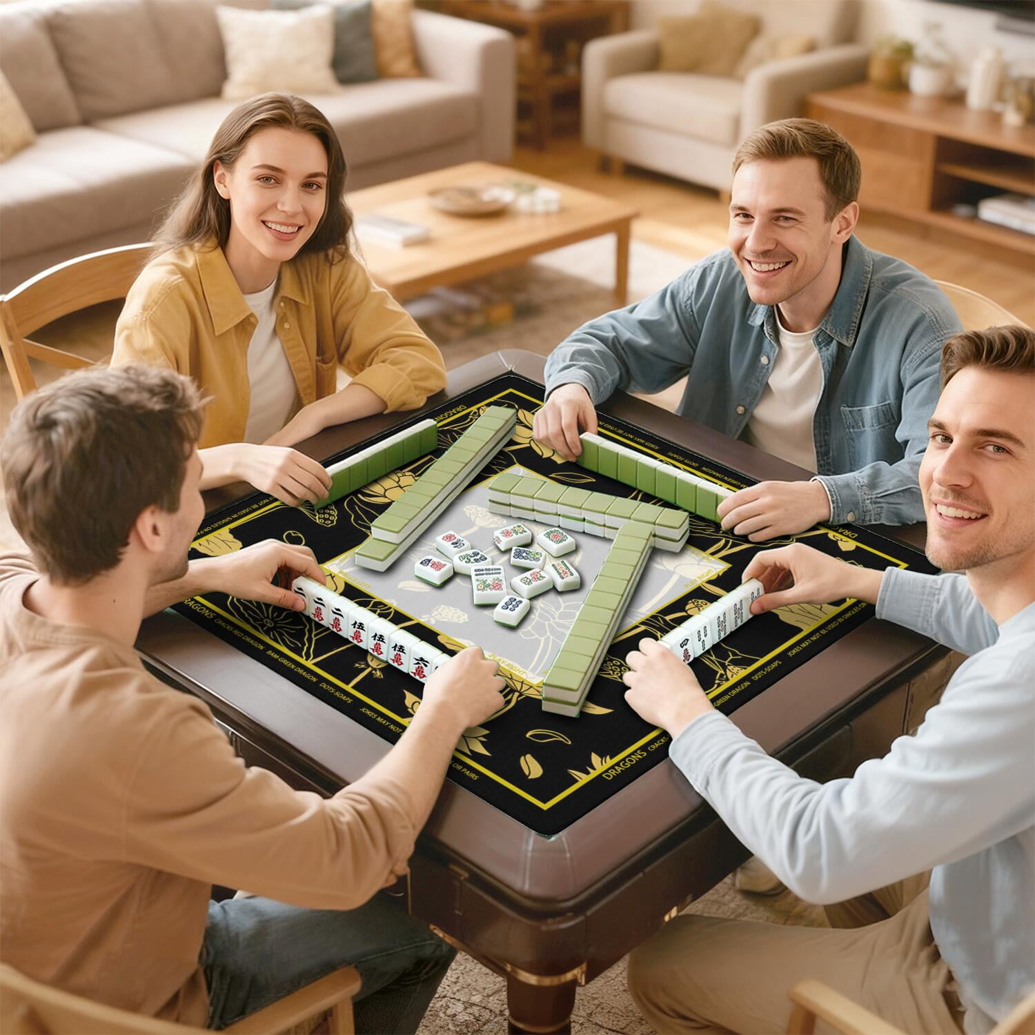 Golden Mahjong Mat with Rules, 31.5*31.5in Anti Slip American Mahjong Mat for Table, Noise Reduction, Neoprene Mah jongg Mats with Carrying Bag & 3 Dices, Mahjong Set Gift, Board Tile Games Mats