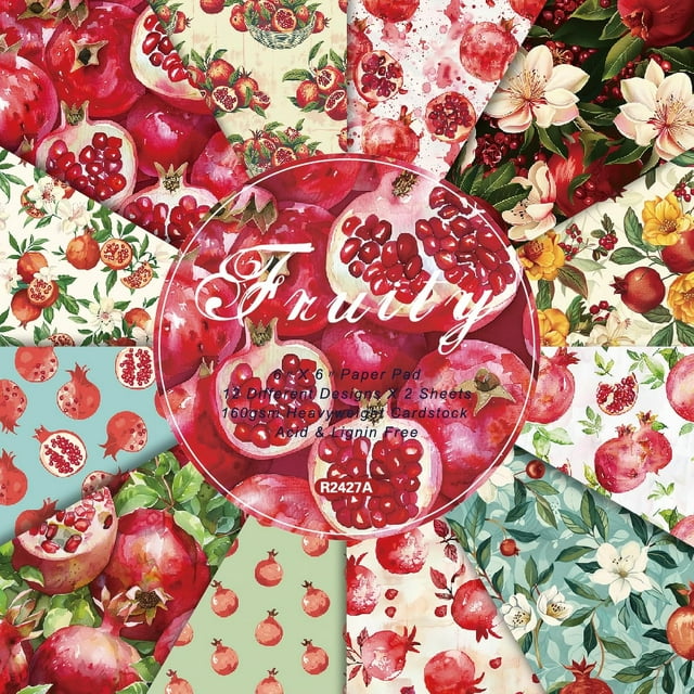 ZOUSSIQI 24 Sheets 6'' x 6'' Fruit Pattern Scrapbook Paper One Sided Cardstock for DIY Photo Album Card Making Decorative Paper (garnet) CA919-14870