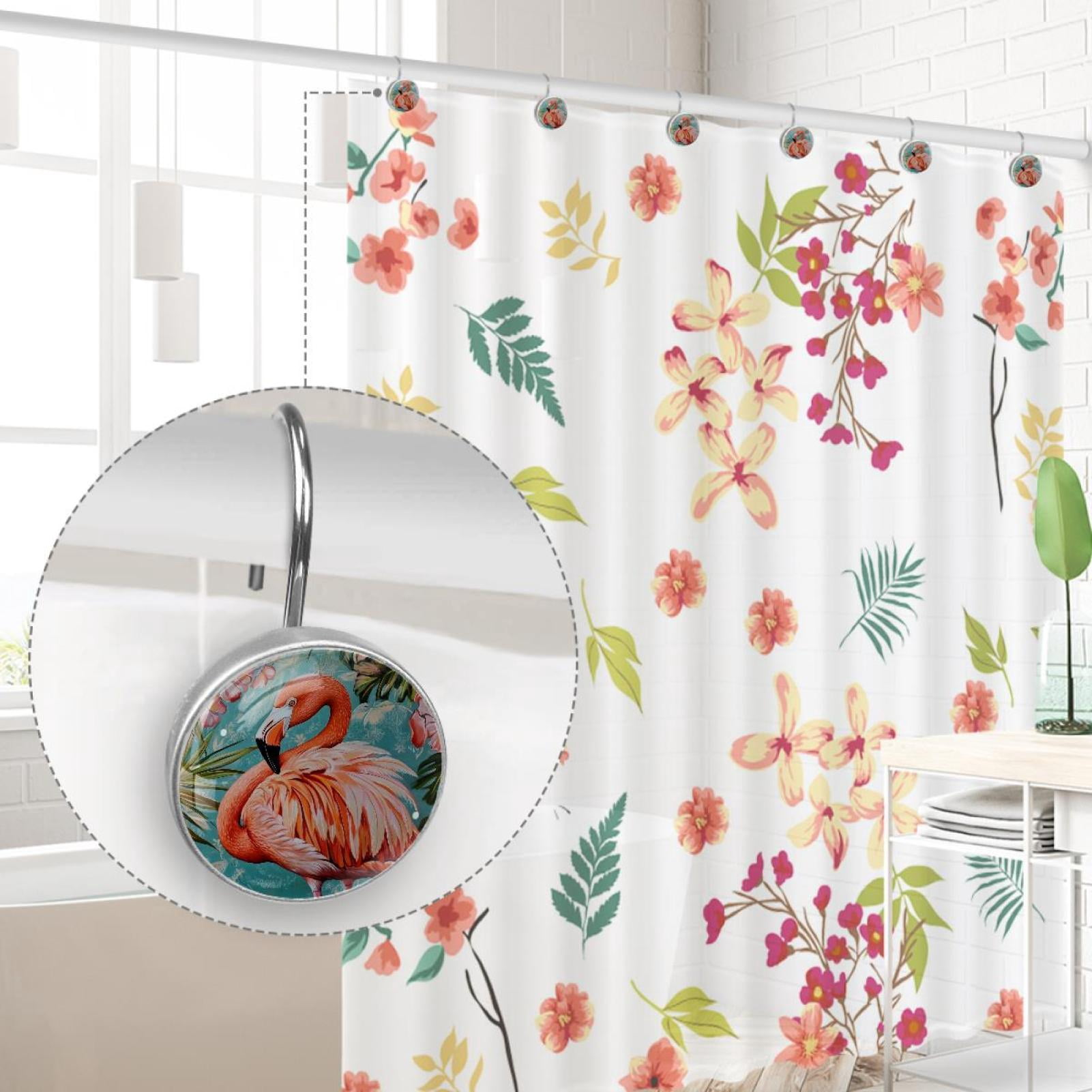 Tropical Hibiscus Flamingo Shower Curtain Hooks Round Crystal Glass, Set of 12 Shower Curtain Rings - Shower Hooks for Curtain Shower Rings