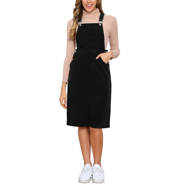 Vestido midi casual sin mangas de tirantes ajustables de pana para mujer INSPIRE CHIC con bolsillos en color negro, talla XS