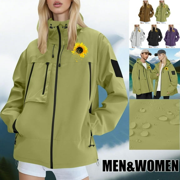 FRSASU Lover Rain Jacket Zipper Sunflower Print Waterproof Breathable Thin Raincoat Travel Outdoor Windbreaker Hooded Jacket White XL(XL)