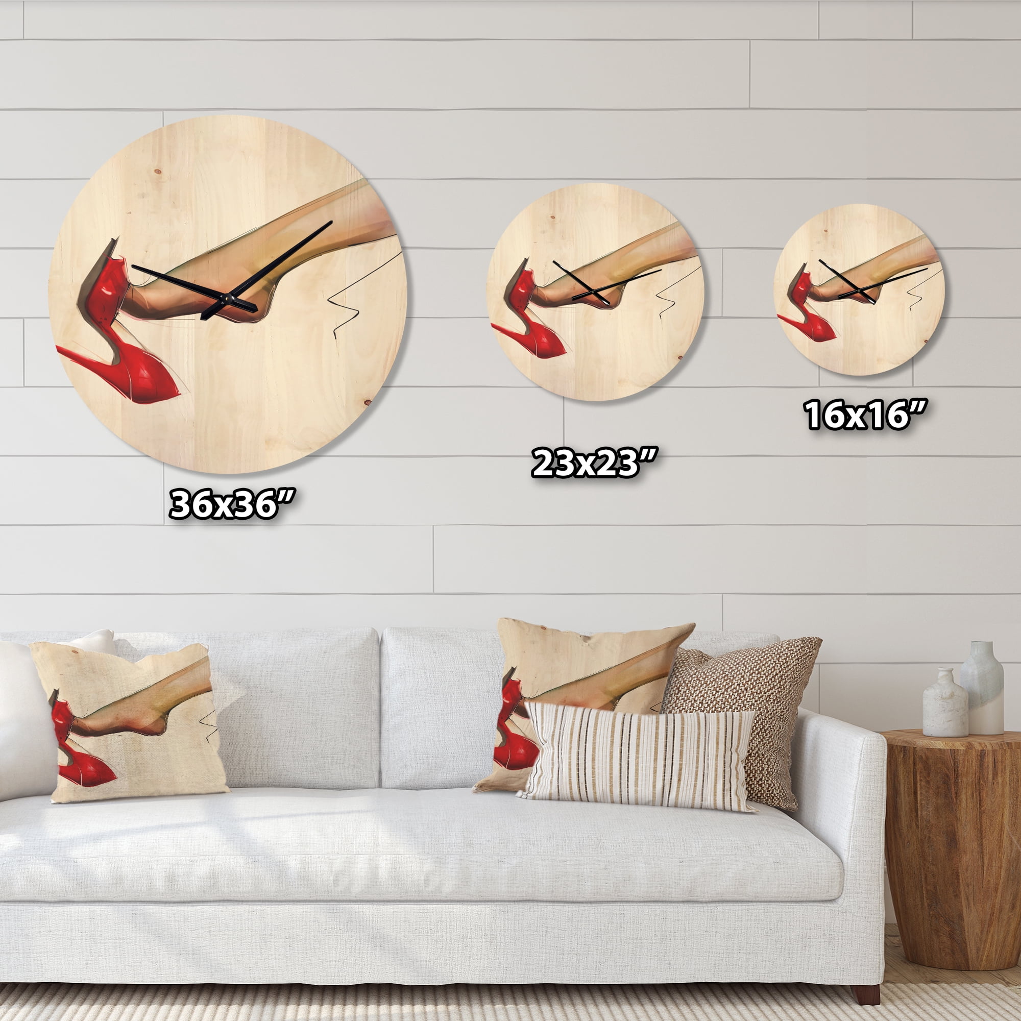 Designart 'Woman Leg Wearing High Heel Red Shoe ' Modern Wood Wall Clock