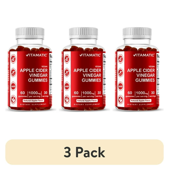 (3 pack) Vitamatic Apple Cider Vinegar Gummies - 1000mg per serving - 60 Vegan Gummies - ACV Gummies for Detox, Weight Loss Support, Energy Boost, Digestion & Gut Health