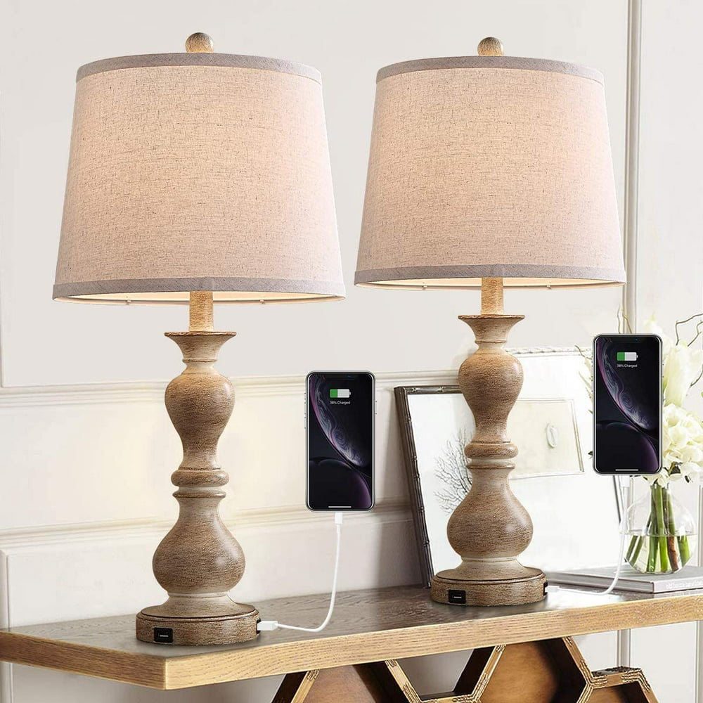 Farmhouse Table Lamp Set of 2, 26" Resin Bedside Nightstand Light with