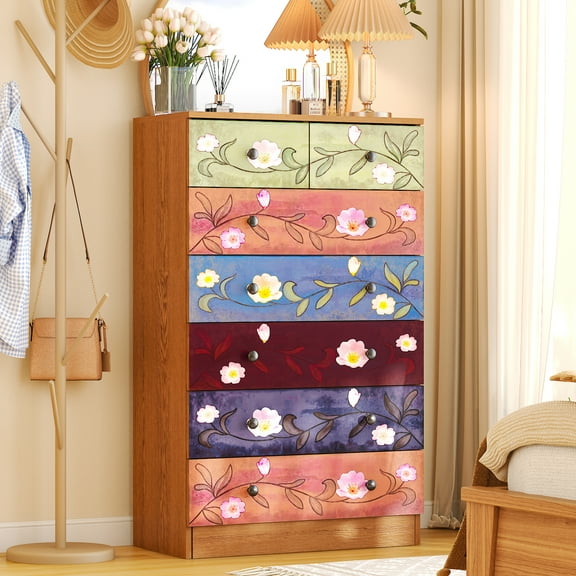 Ktaxon Wood 7-Drawer Dresser Tall Chest Organizer Unit with Wood Bins Organizer for Bedroom Storage Dresser Drawer Tower for Entryway, Hallway, Closet, Floral Painted Wooden Color