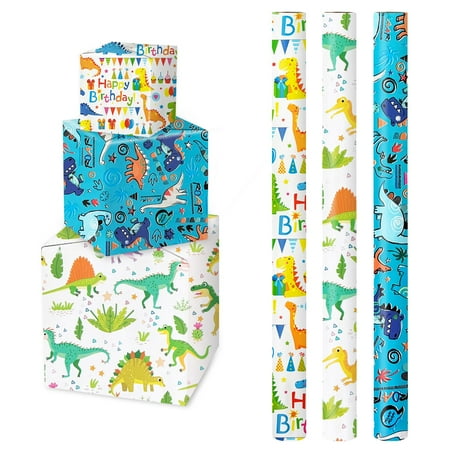 VJAIHOA Happy Birthday PresNok Dinosaur Wrapping Paper - 3 Rolls, 17" x 120" Each, Packing Paper, Gift Wrap, Dinosaur Party Favor, Birthday Wrap for Girls & Boys, Baby Shower