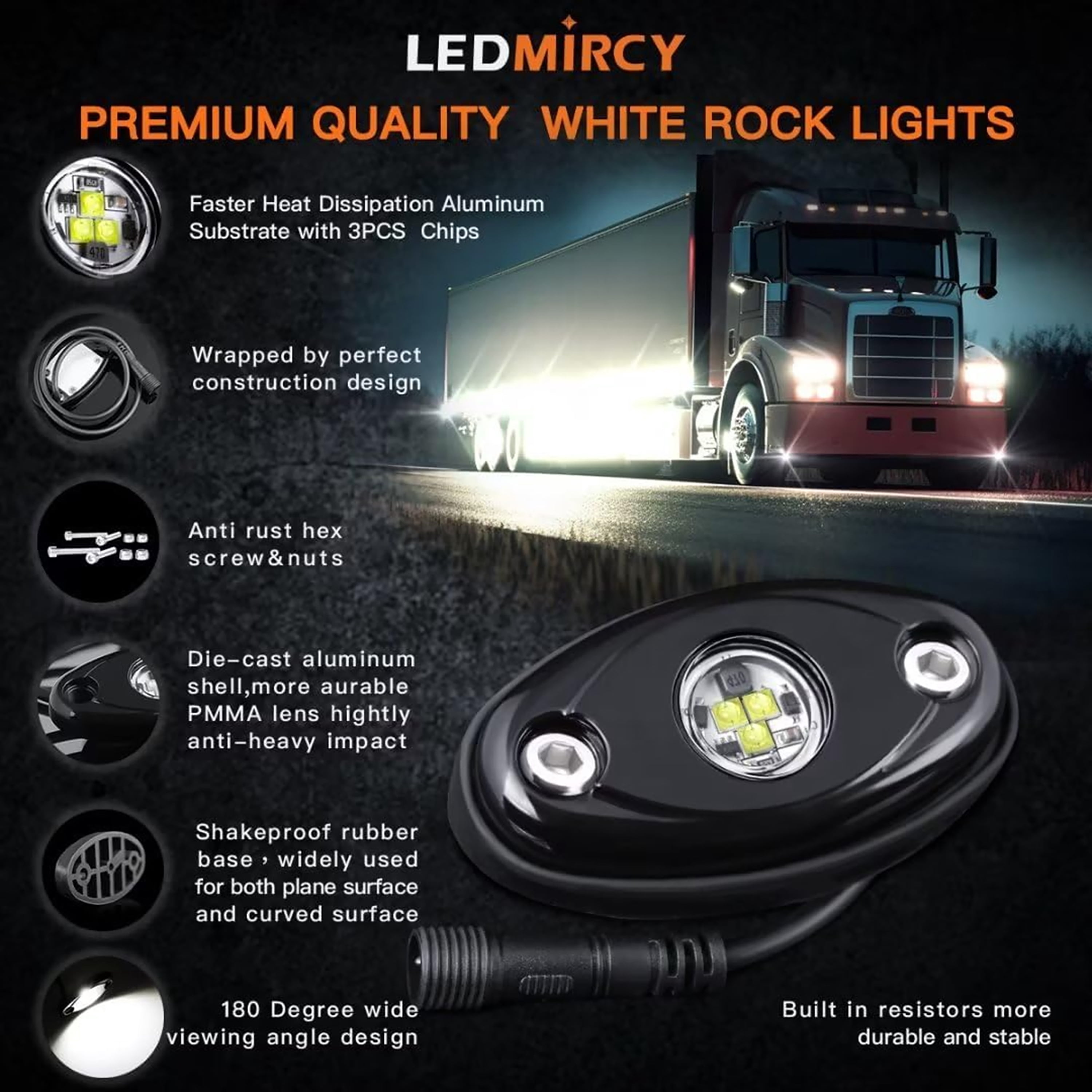 LEDMIRCY R1 Pure White Rock Lights 16PCS with Switch Wiring Harness, High Power Waterproof Underglow for Utv Atv off Road Trucks