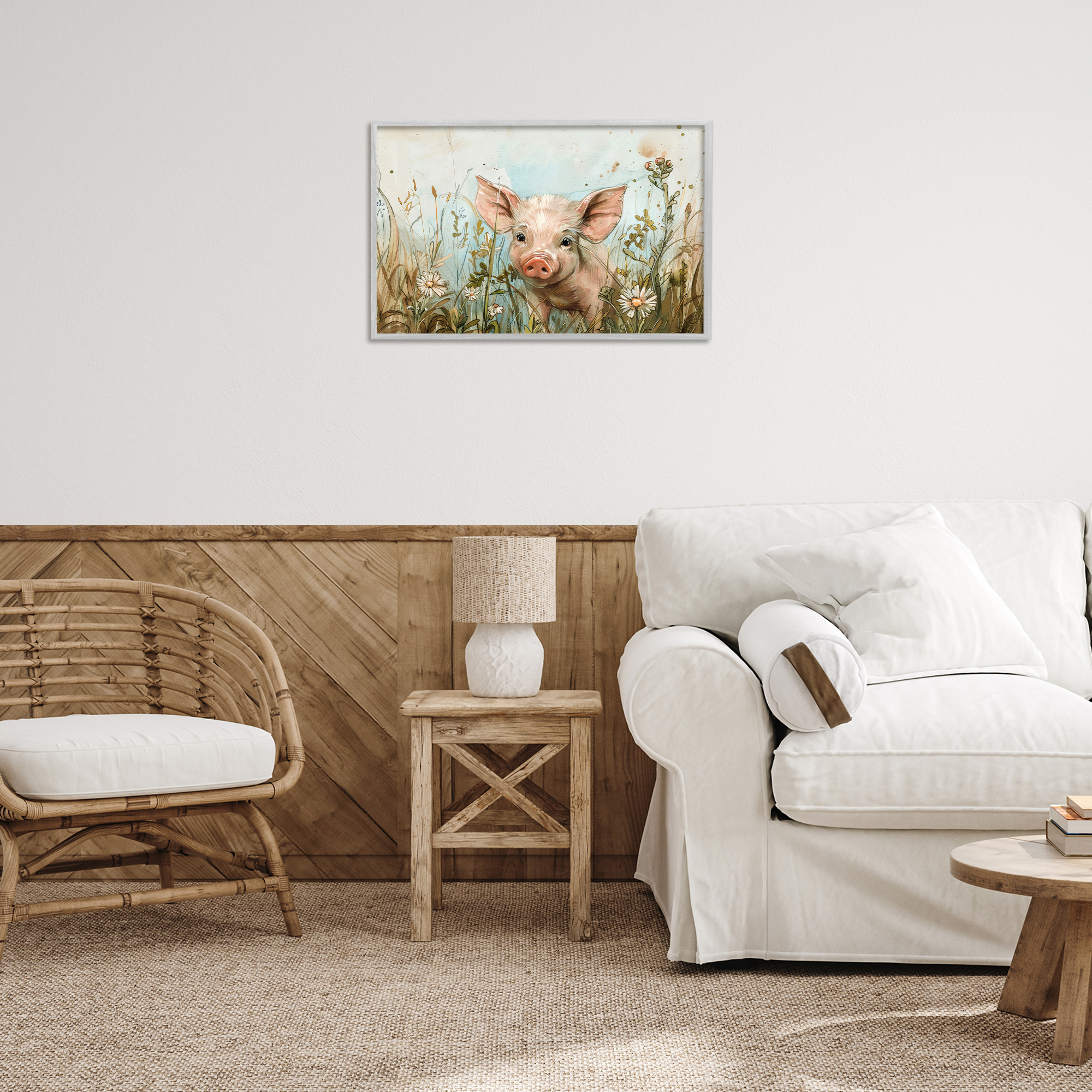 Stupell Industries Piglet Among Flowers Animals & Insects Painting Gray Framed Art Print Wall Art, 24 x 16