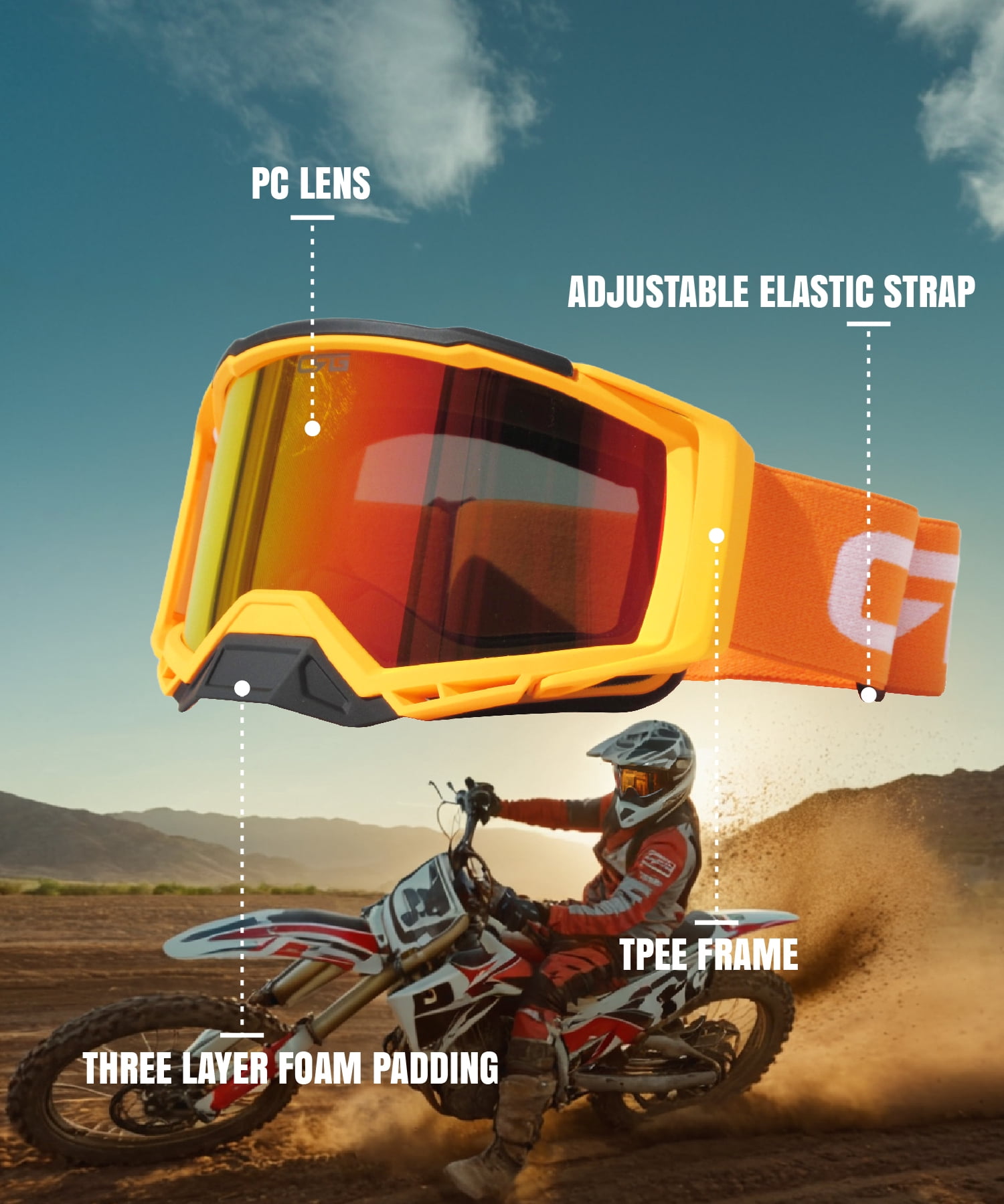 CRG Sports Motorcycle Goggles ATV Dirt Bike Glasses Off Road Racing Riding Motocross Goggles for Men, Women, Adults