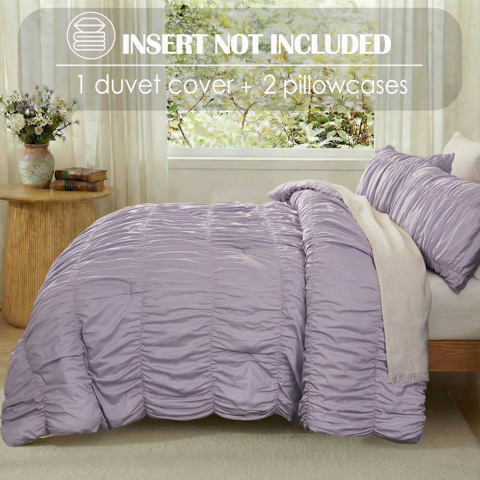 100% Cotton Purple Wrinkle Duvet Cover Set Queen Size,Ruched Bedding Comforter Cover,Shabby Chic Ruffled 3 Pcs Queen Duvet Cover Set,Bohemian Boho Bedding Set with 1 Duvet  Cover 2 Pillowcases