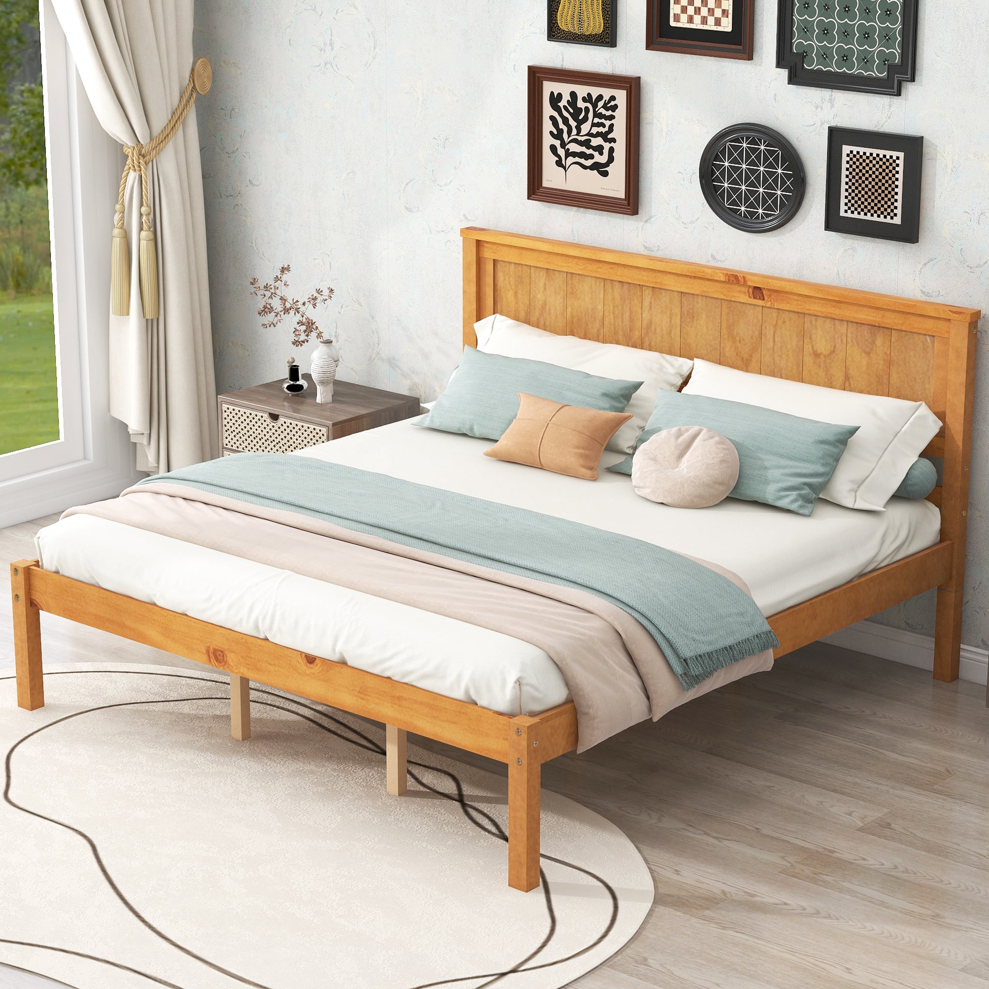Leumius Queen Size Platform Bed Frame with Headboard, Wood Slat Support, No Box Spring Needed for Bedroom Guest Room Oak