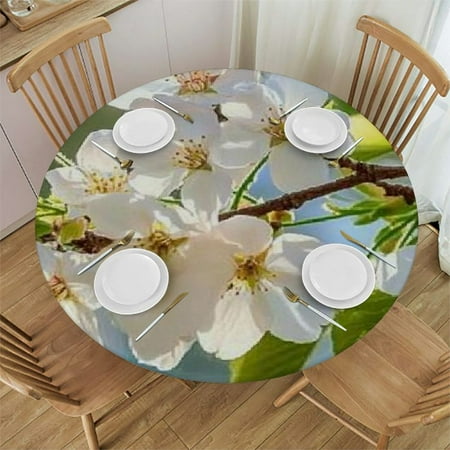

Autua Round Tablecloth White Flowers Green Leaves Stain-Resistant 46 -50