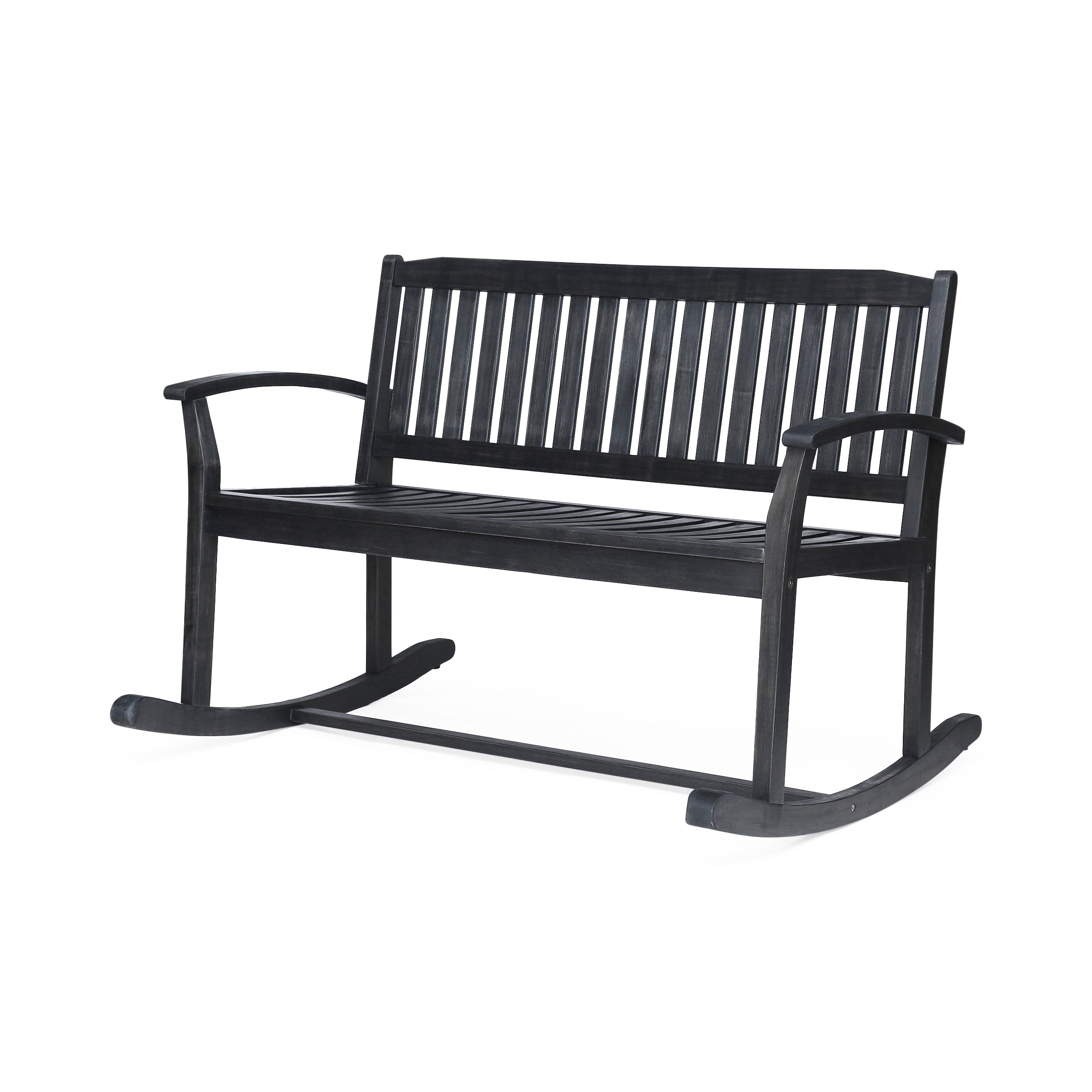 Outdoor Double Person Rocking Bench, Acacia Wood Frame Swing Loveseat for Patio Garden, Dark Gray