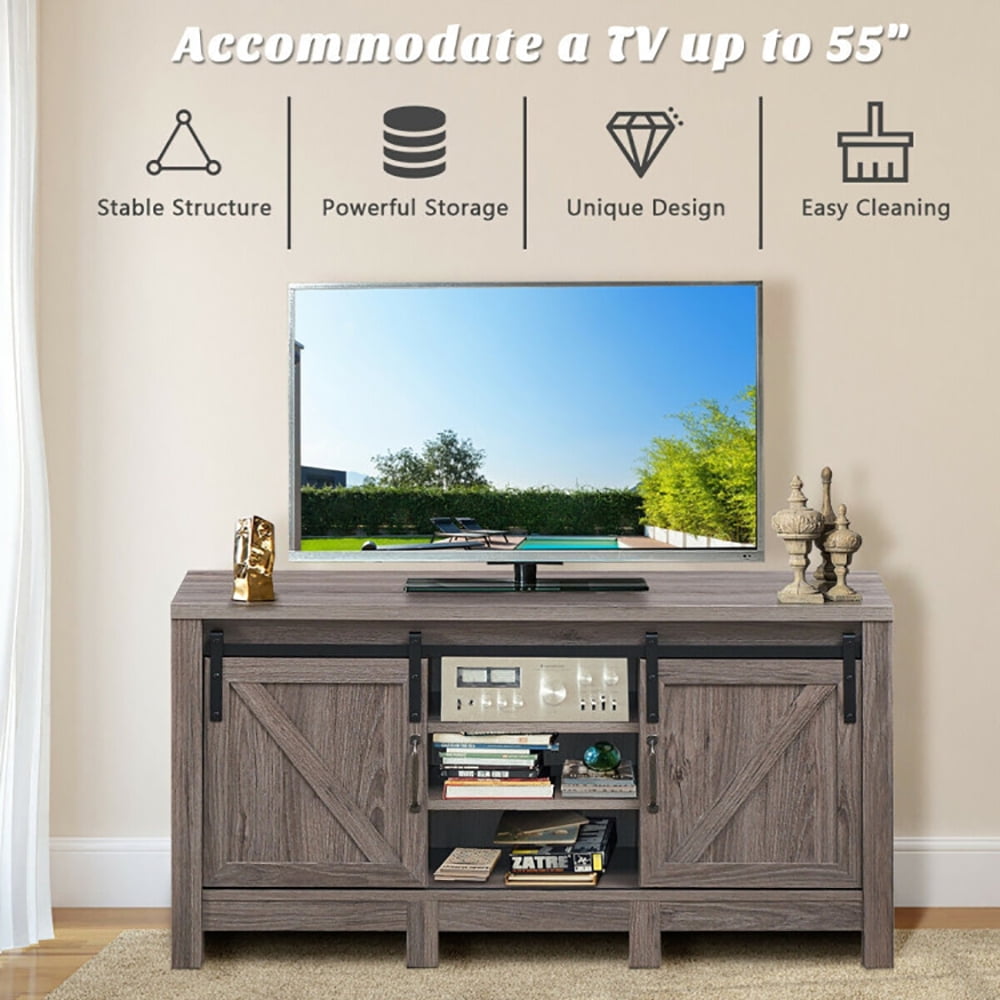 Finihen TV Stand, TV Cabinet, 55 Inch TV Sliding Barn Door Entertainment Center with Adjustable Shelves, Media Entertainment Center with Storage, for Living Room, Bedroom, Brown