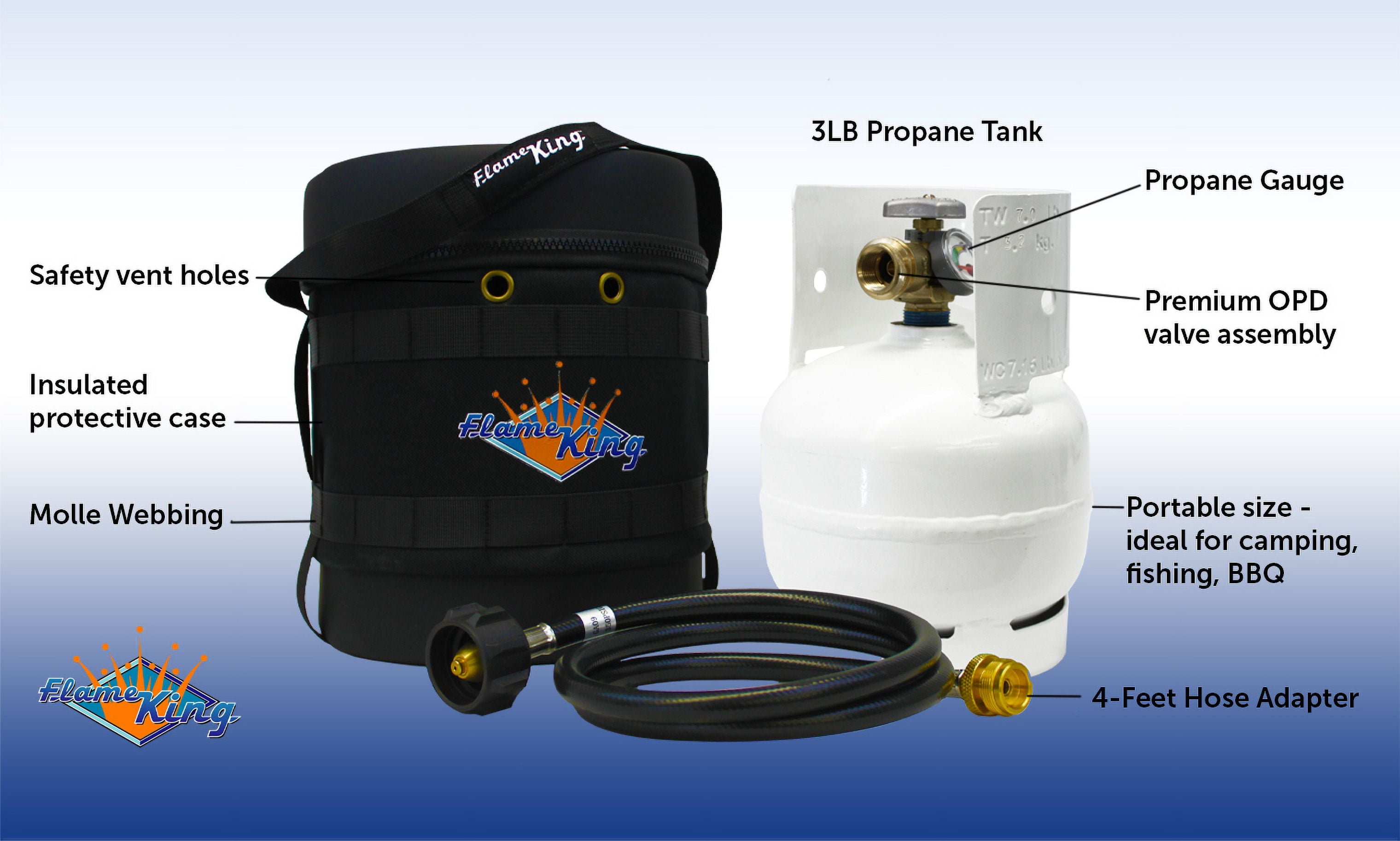 Flame King Gas Hauler Kit - Insulated Protective Carry Case, 3lb Propane Tank and Adapter Hose for Camping and Outdoor Adventures, Black/White