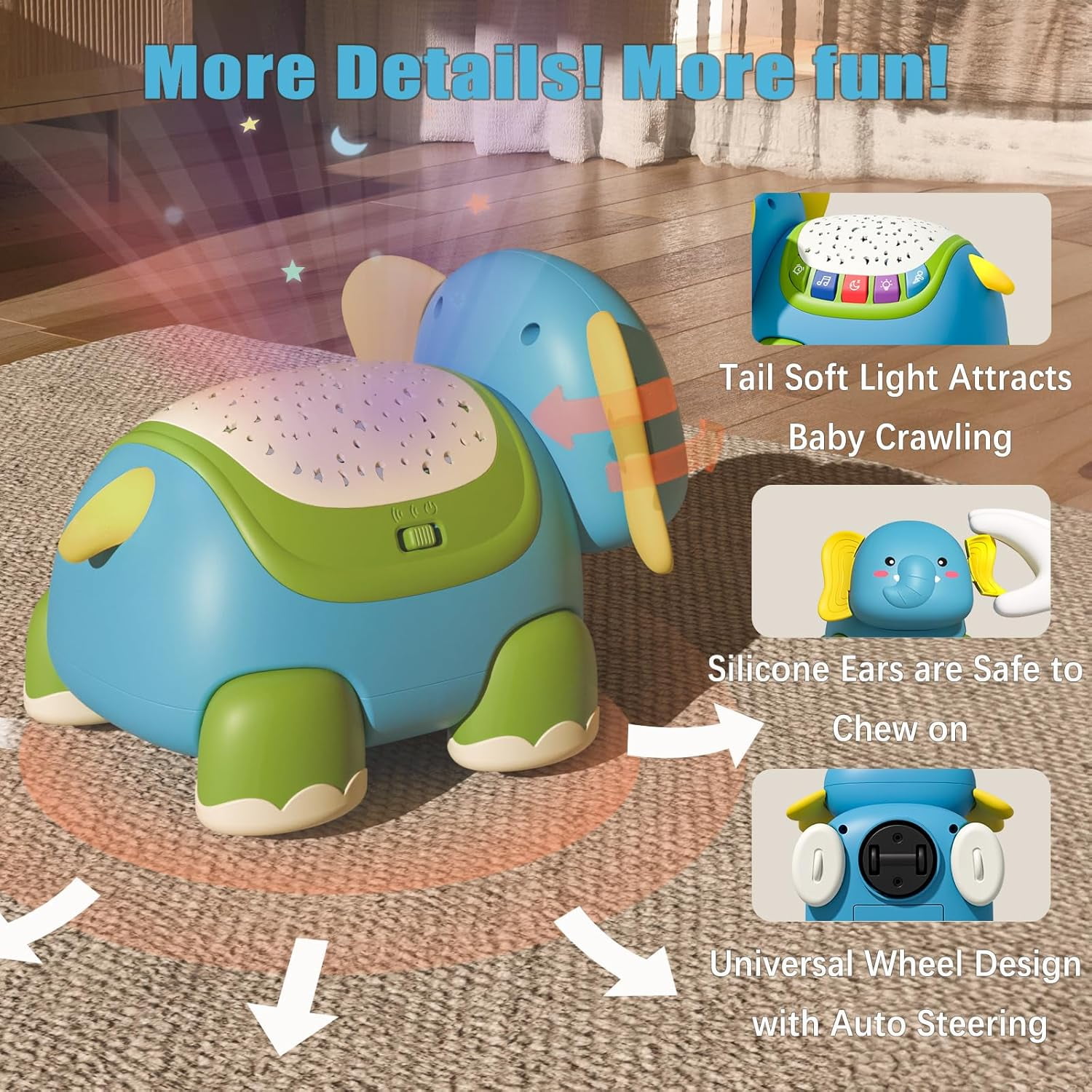 Crawling Baby Toys,Infant Tummy Time Toys 6 to 12 Months with Star Projector Music and Light, Elephant Interactive Sensory Toy for Baby 3 4 5 6 7 8 9 10 12-18 Months Boy Girl Toddler Gift Age 1-3