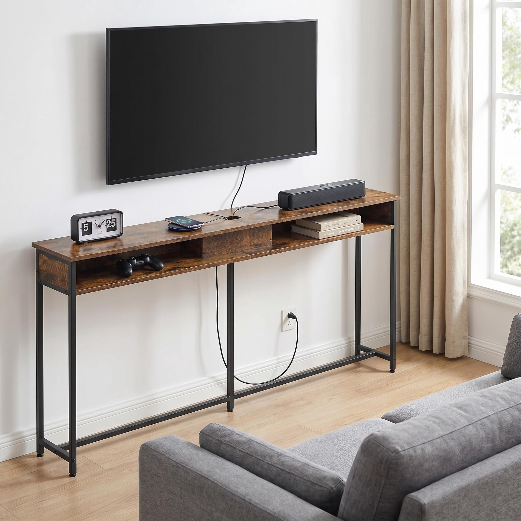 Nordic Hygge 70.9 in. Console Table with Built-In Charging Station, Brown & Ink Black