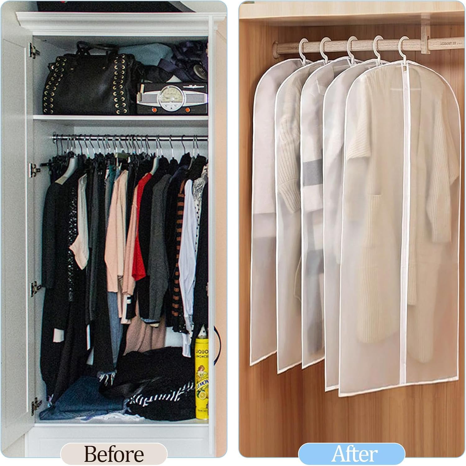 25 Pack 55" Hanging Clear Plastic Garment Bags with Zipper Translucent Long Dress Bags Clothes Cover for Closet Storage and Travel