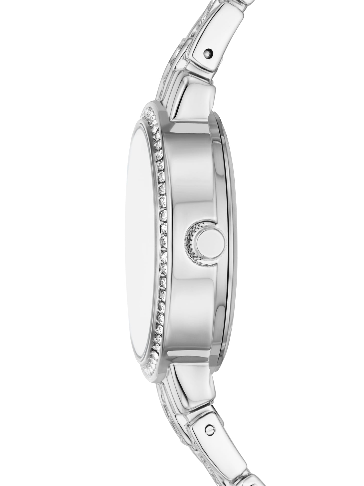 Folio Women's Gift Set; Silver Tone Bracelet Watch with Clear Stones on Case, Faux Mother of Pearl Dial and Silver Layered Chain (FMDAL1173)