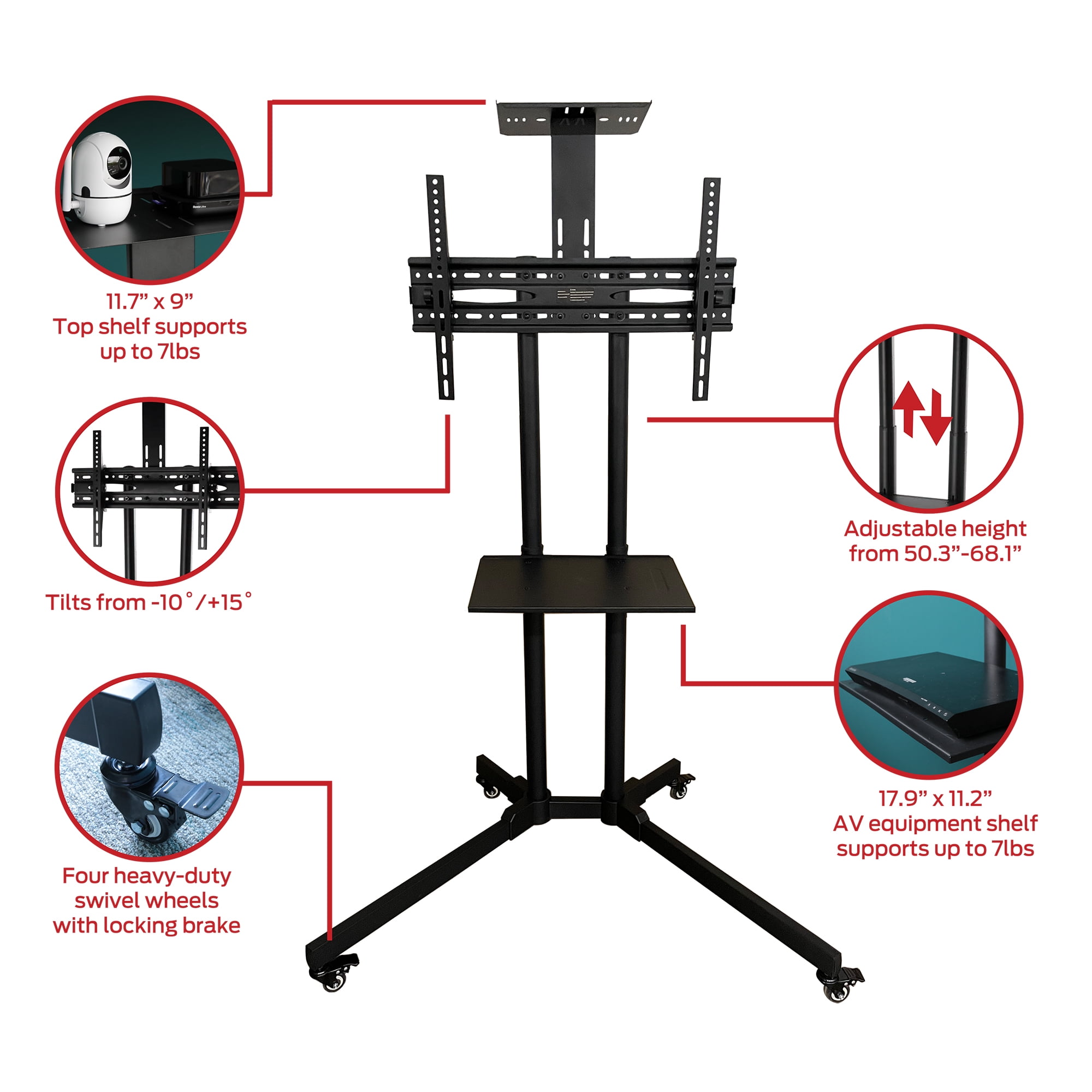 Xtreme Rolling TV Stand with Mount 32”-80", Portable TV Stand on Wheels with Tilt Lock