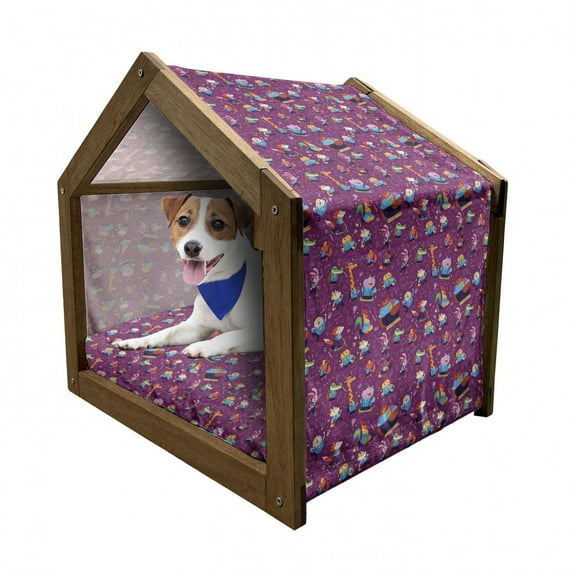 Hippo Pet House, Themed Student Animals on Purple Background Ornamented with Maths, Outdoor & Indoor Portable Dog Kennel with Pillow and Cover, 5 Sizes, Multicolor, by Ambesonne