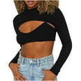 thumbnail image 5 of Turtleneck Cropped Tops for Women Long Sleeve Cutout Solid Hollow Out Trendy Y2k Spring Summer Sweater Pullover T-Shirts Black,S, 5 of 5