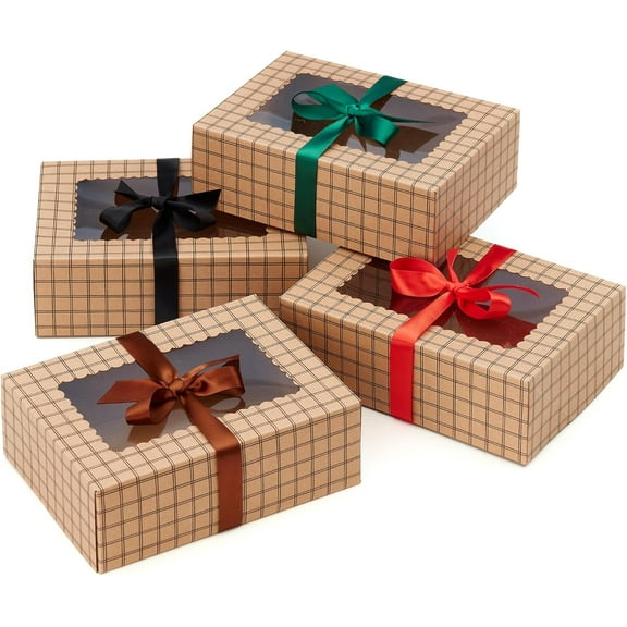 Brown Kraft Cookie Boxes with Ribbons & Window (20 Pack) 8.3 x 6 x 2.8” Food Grade Cardboard Bakery Gift Boxes for Christmas Gift Giving, Baked Goods, Candy Treats, Decorative Holiday Packaging, Empty