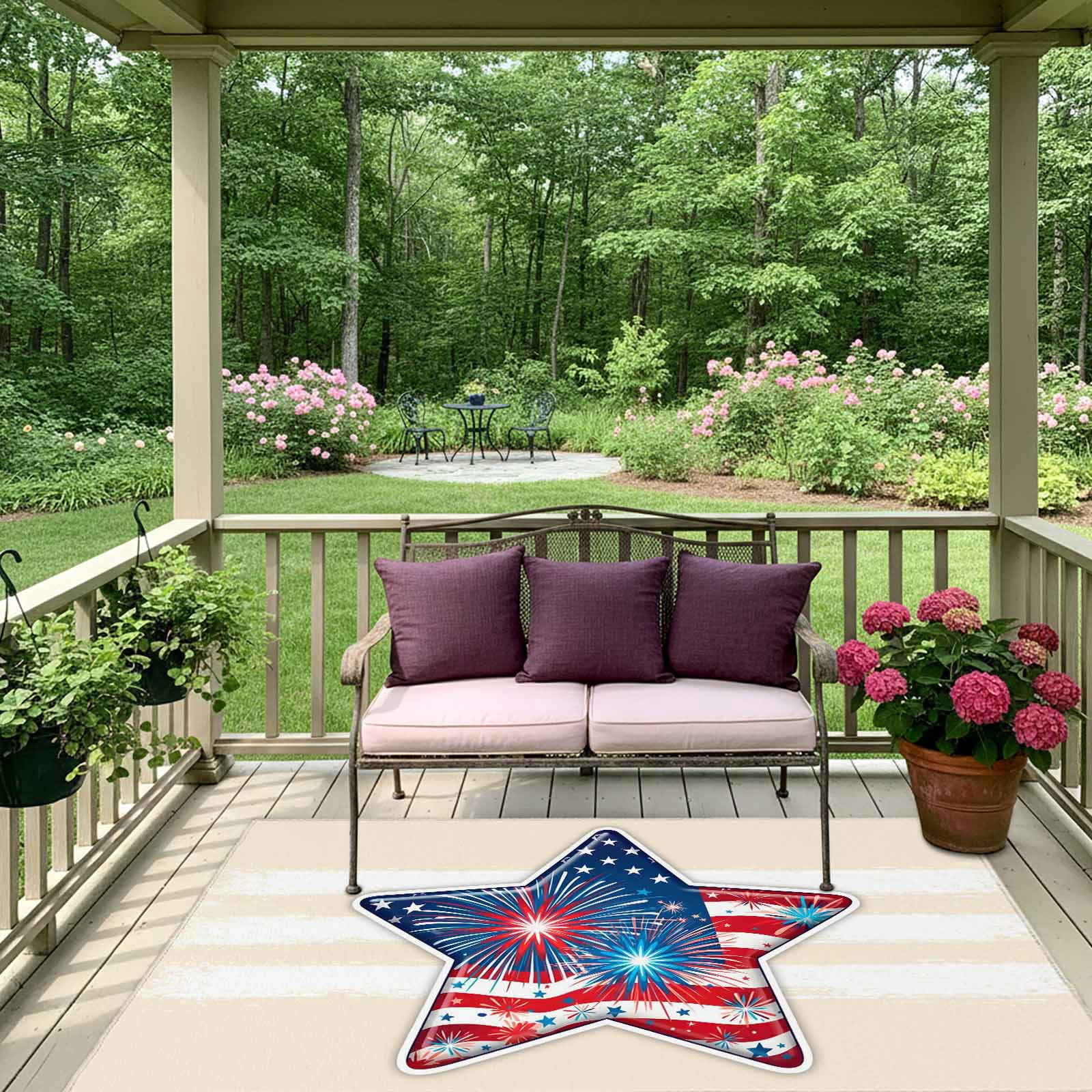 Patriotic USA Flag Outdoor Rug 3x5 Ft, Non Slip Washable Area Rug, Independence Day Firework Cream Striped Patio Rugs Carpet Runner, Large Floor Mat for Indoor/Outdoor Deck Porch Camping