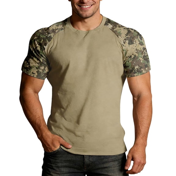 XIYON Father's Day T Shirts for Men Summer Short Sleeve Round Neck Camouflage Print Summer Breathable Fashion Tee Top For Everyday Wear,Khaki,XXL
