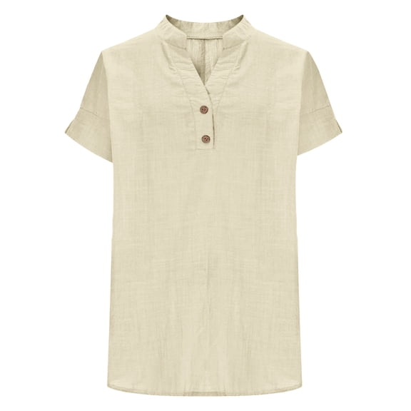 QASIEATN Women's Spring and Summer Trendy Casual V Neck Tshirt Plus Size Hoodless Top Solid Color Loose Linen Blouse