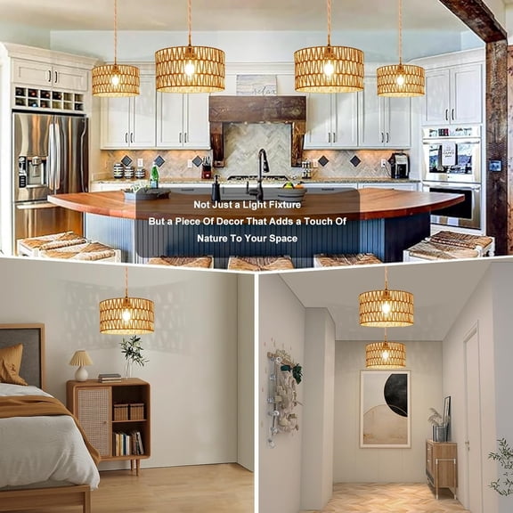 Hanging Lamps Rattan Pendant Light Hanging Lights 16.4ft Plug in Cord Pendant Light Fixture Plug Into Wall Outlet Pendant Lighting with On Off Switch for Bedroom Living (Cylindrical Shade)
