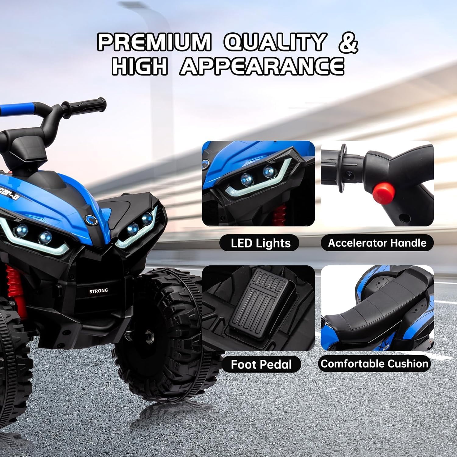 Riedhoff 12V Kids Ride-On ATV, Battery-Powered, LED Lights,High/Low Speed,USB,Treaded Tires,Blue