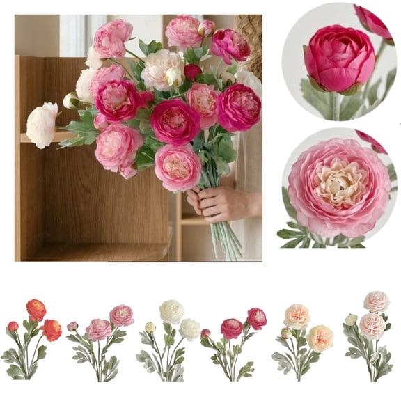 Spring Artificial Flower Realistic Faux Ranunculus Bush Lifelike Fake Floral Stem for Bedroom Decor Office Arrangements Bridal Shower Decorations