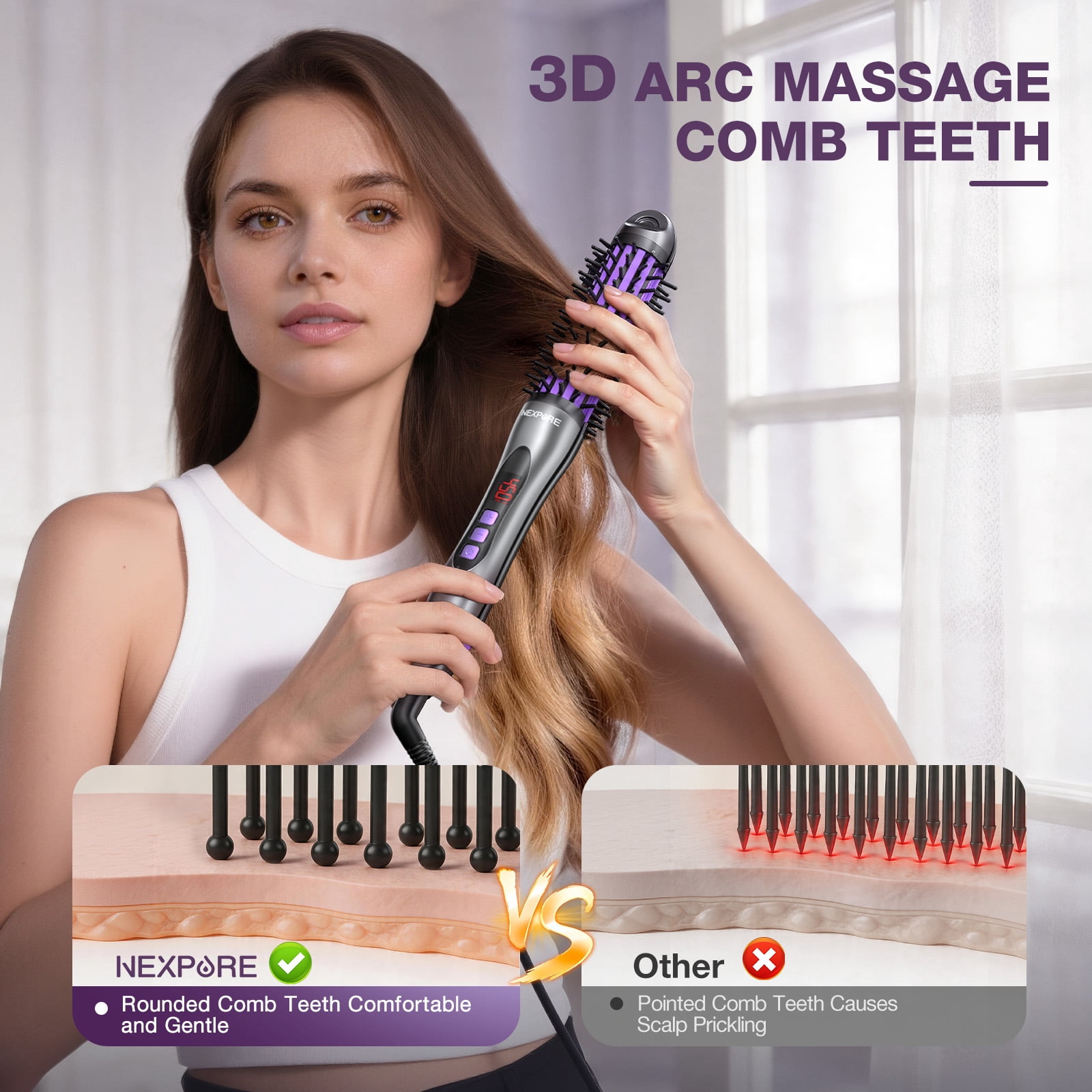 NEXPURE Curling Iron, Ionic Hair Curler Brush and Straightener 2 in 1 for All Hair Types, 30s Fast Heat, Purple