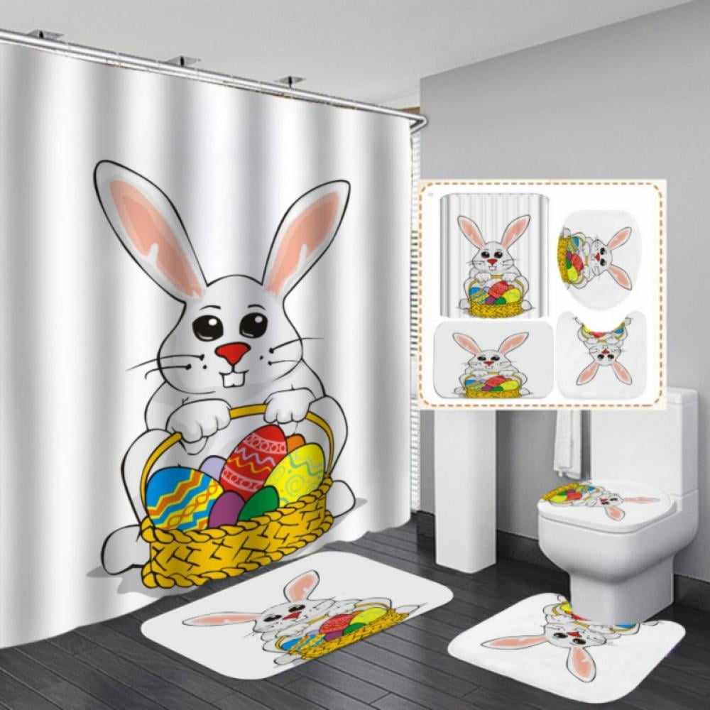 Waterproof Easter Eggs and Rabbit Shower Curtain Bathroom Decor Mat 12 Hooks 