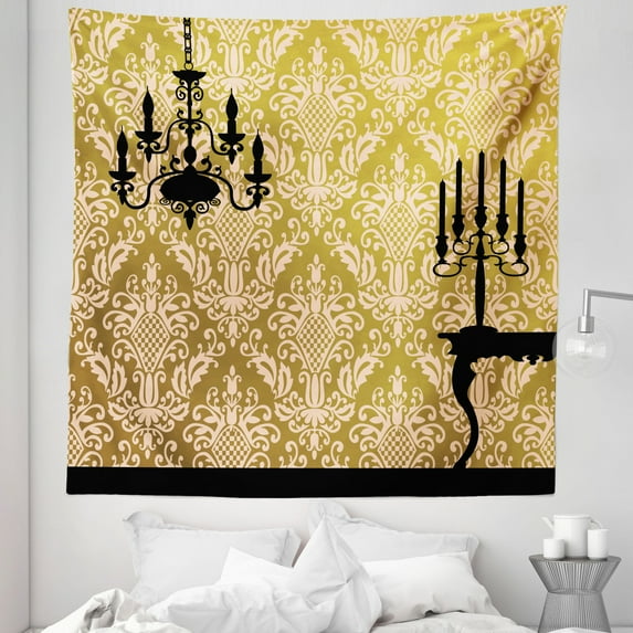Damask Tapestry, English Country House Damask Motif on Wall and Chandelier Silhouettes Renaissance, Fabric Wall Hanging Decor for Bedroom Living Room Dorm, 5 Sizes, Yellow Black, by Ambesonne