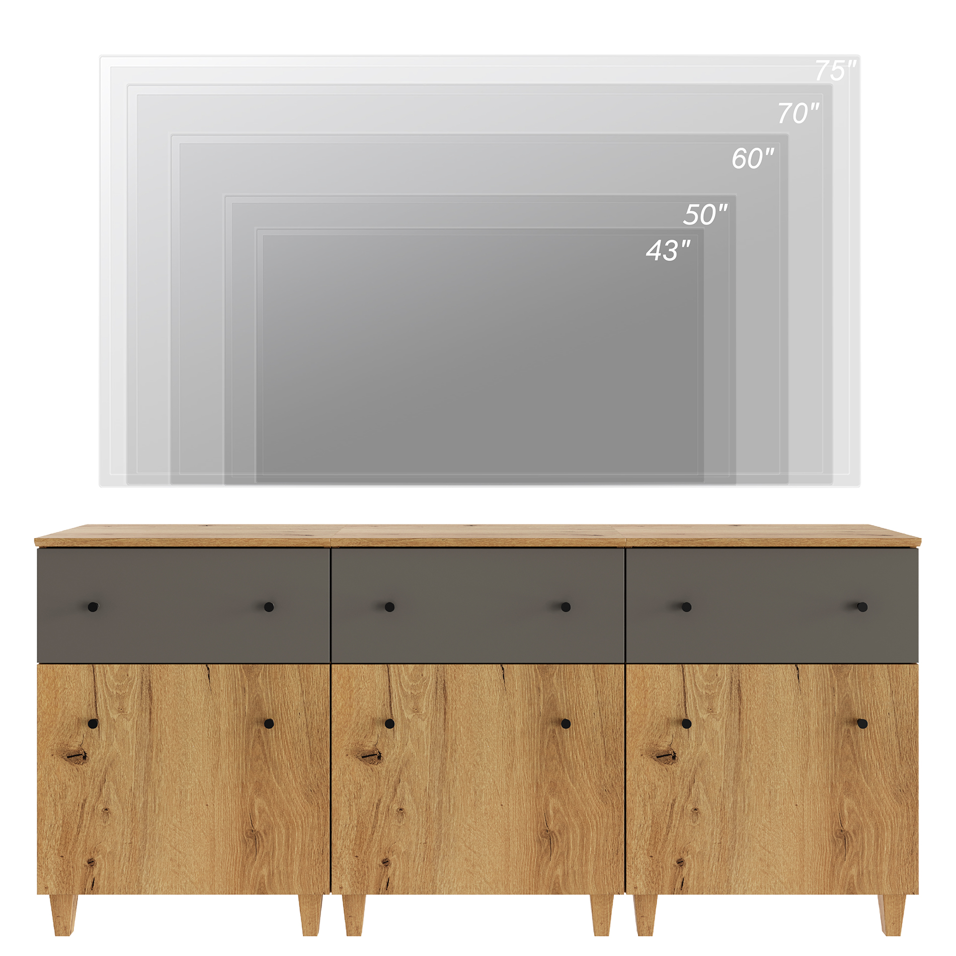 WAMPAT TV Stand Cabinets for 75+ Inch Flat Screen, 3-in-1 Modern Highboy Wooden Entertainment Center with 3 Drawers and Shelves, Oak Brown