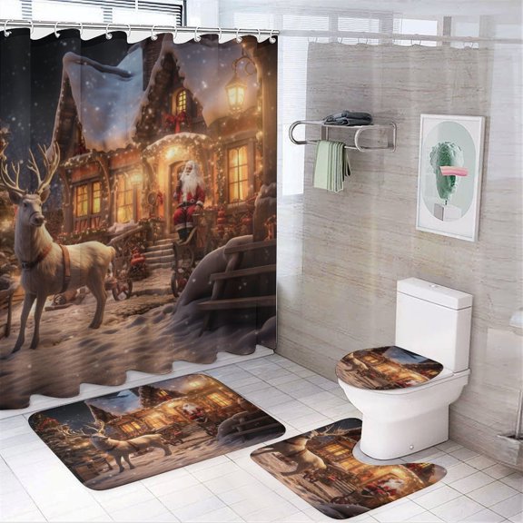 Santa Claus Reindeer Vintage 4PCS Shower Curtain Sets with Rugs with Non-Slip Bath Mat Toilet Rug,72" X 72"