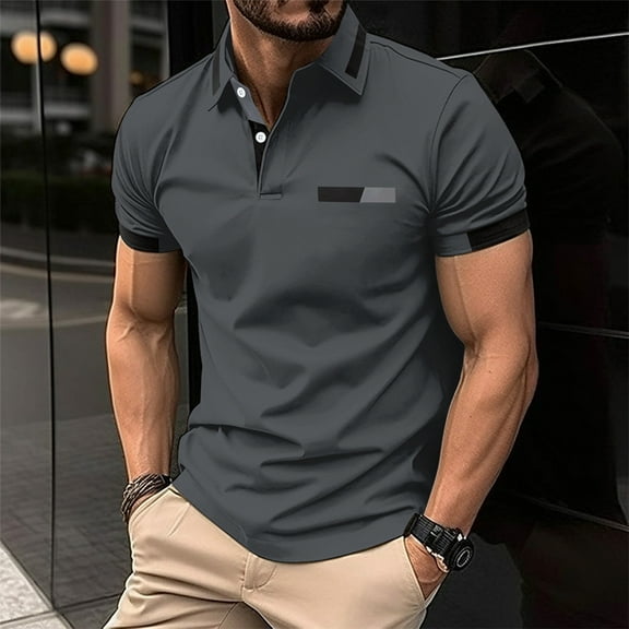 QUINDOS Collared Mens Shirts Big and Tall Casual Polo Short Sleeve Shirts Loose Solid Pocket Moisture Wicking T-shirts