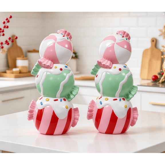 Lighted Blow Mold Stacked Candies Indoor/Outdoor Christmas Decoration, Warm Lighted Holiday Display for Christmas Lawn and Porch Decor (2PC)