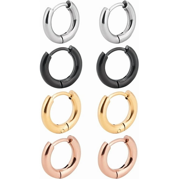 8Pcs 4 Colors 304 Stainless Steel Huggie Hoop Earrings for Women and Men Mixed Color 11.5x13x2.5mm 2pcs/color