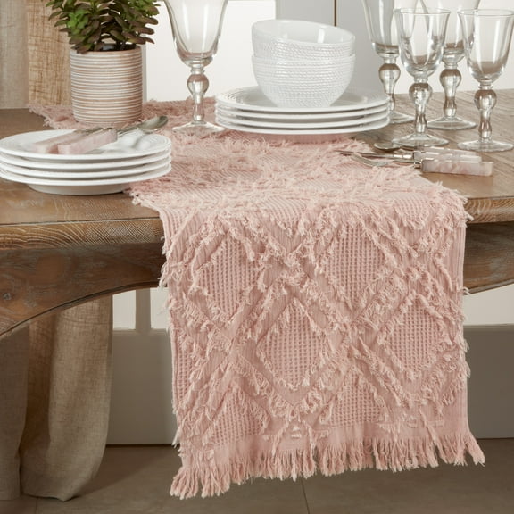 SARO 1877.RS1672B 16 x 72 in. Oblong Waffle Weave Table Runner with Rose Fringe Design