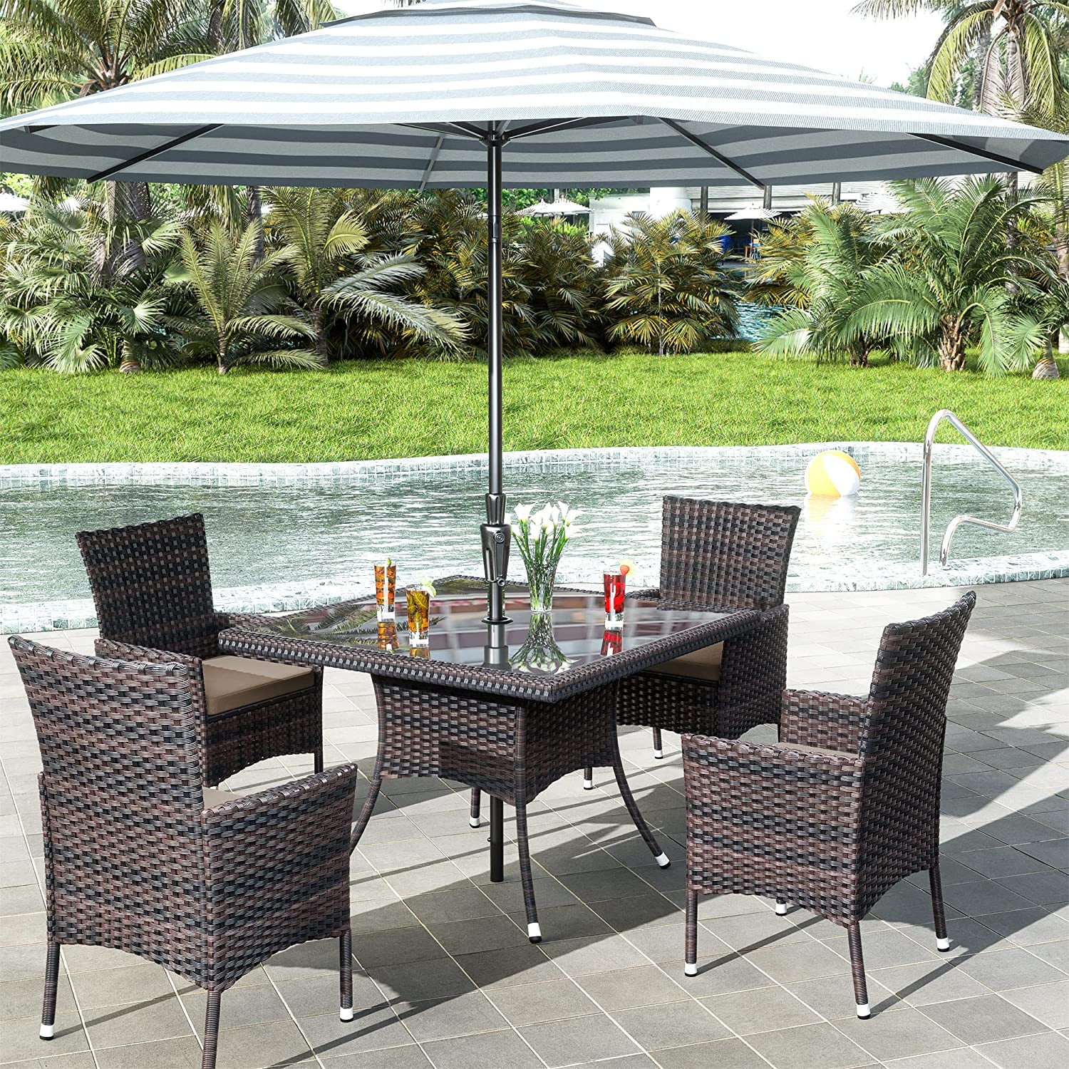 ALAULM 5 Pieces Patio Dining Set Outdoor Rattan Furniture with Square Glass Tabletop 4 Chairs with Cushions for Patio, Backyard Outdoor Kitchen Lawn & Garden Sand