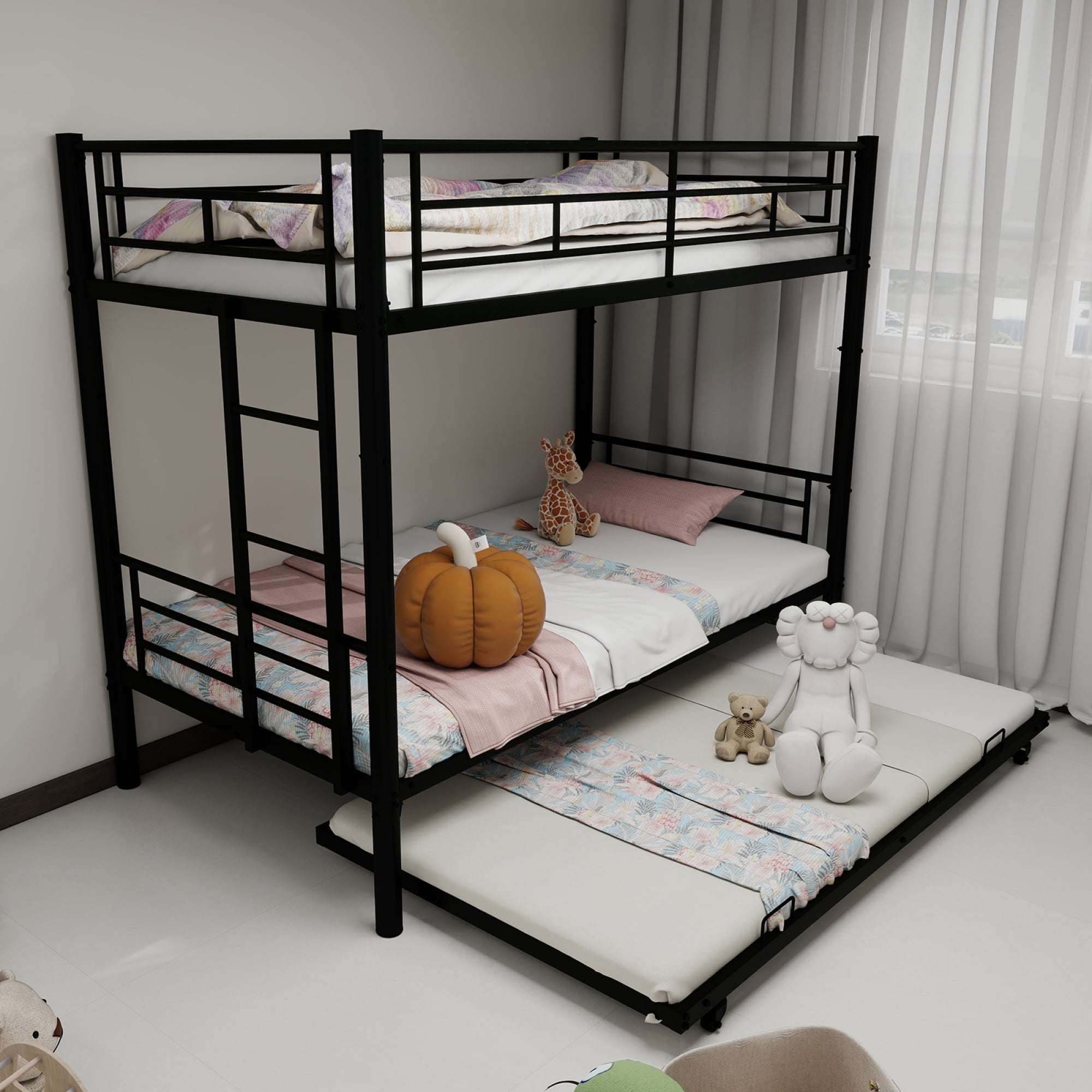 Twin over Twin Bunk Bed with Trundle,Heavy Duty Metal Bed Frame with Sturdy Guardrail for Kids/Adults,Noise Reduced,Black