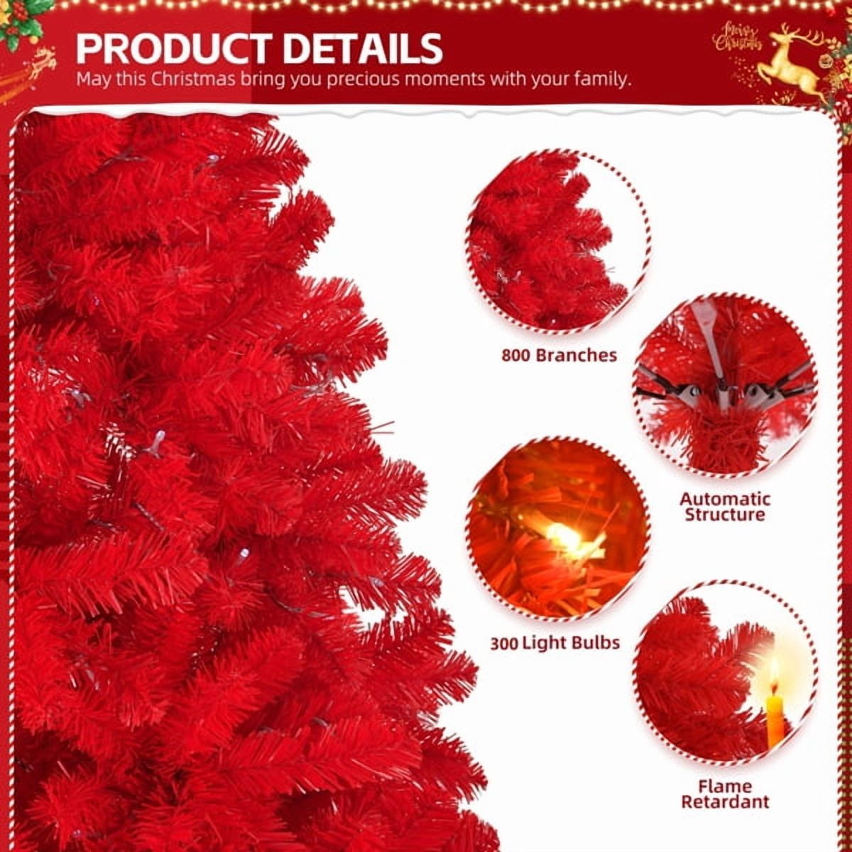 6FT Pre-Lit Red Christmas Tree - 800 PVC Branch Tips, 300 LED Lights (Warm/Cold White), 10 Modes w/Remote, Sturdy Iron Base, 3-Step Easy Setup - Artificial Holiday Centerpiece
