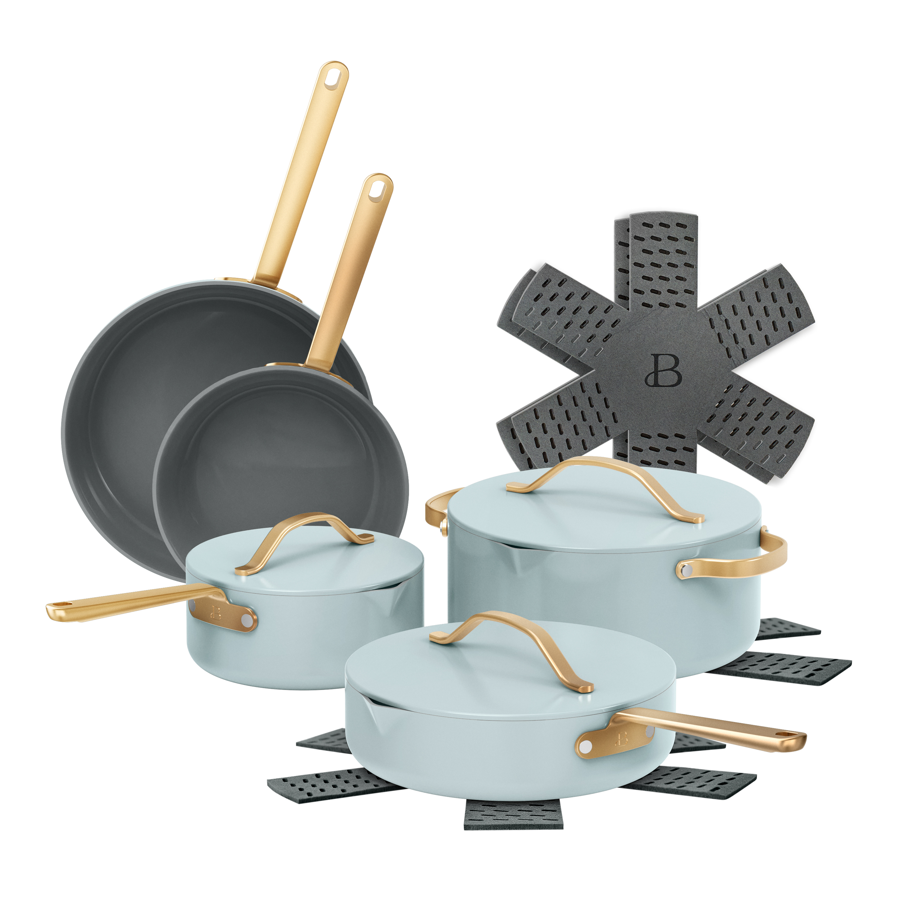 Beautiful 12pc Ceramic Nonstick Cookware Set, Pots and Pans with Strainer Lids, Hydrangea by Drew Barrymore
