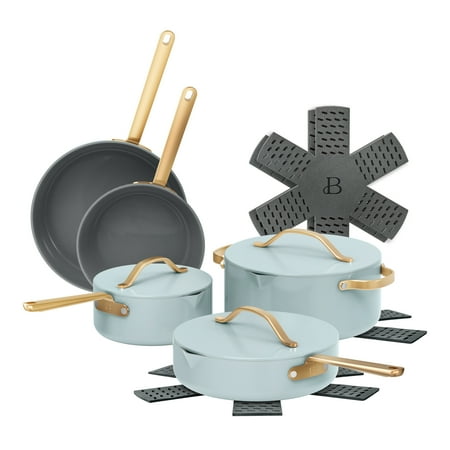Beautiful 12pc Ceramic Nonstick Cookware Set, Pots and Pans with Strainer Lids, Hydrangea by Drew Barrymore