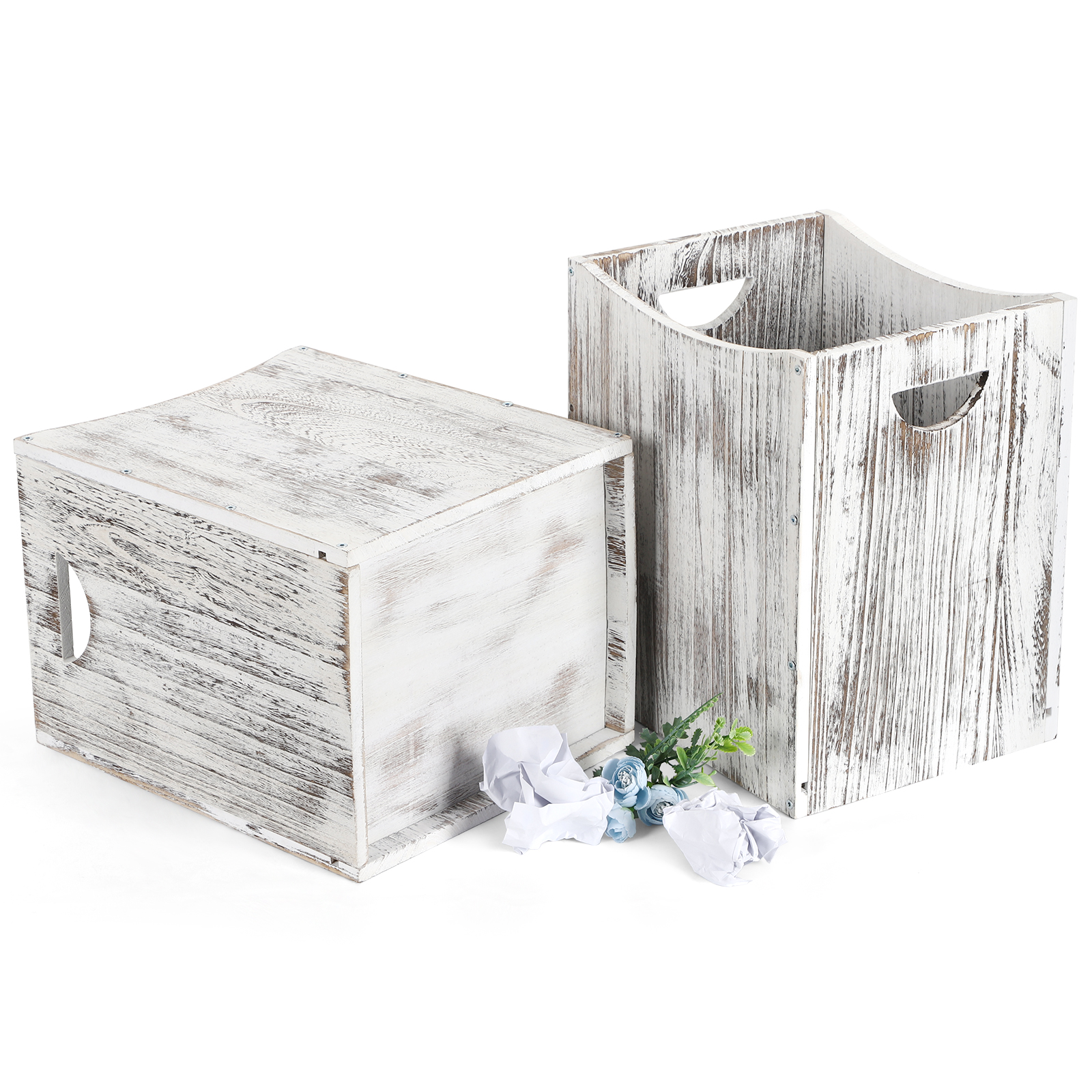 5.3 Gallon Rustic Wood Trash Can Wastebasket with Handles, White-Brown, Set of 2